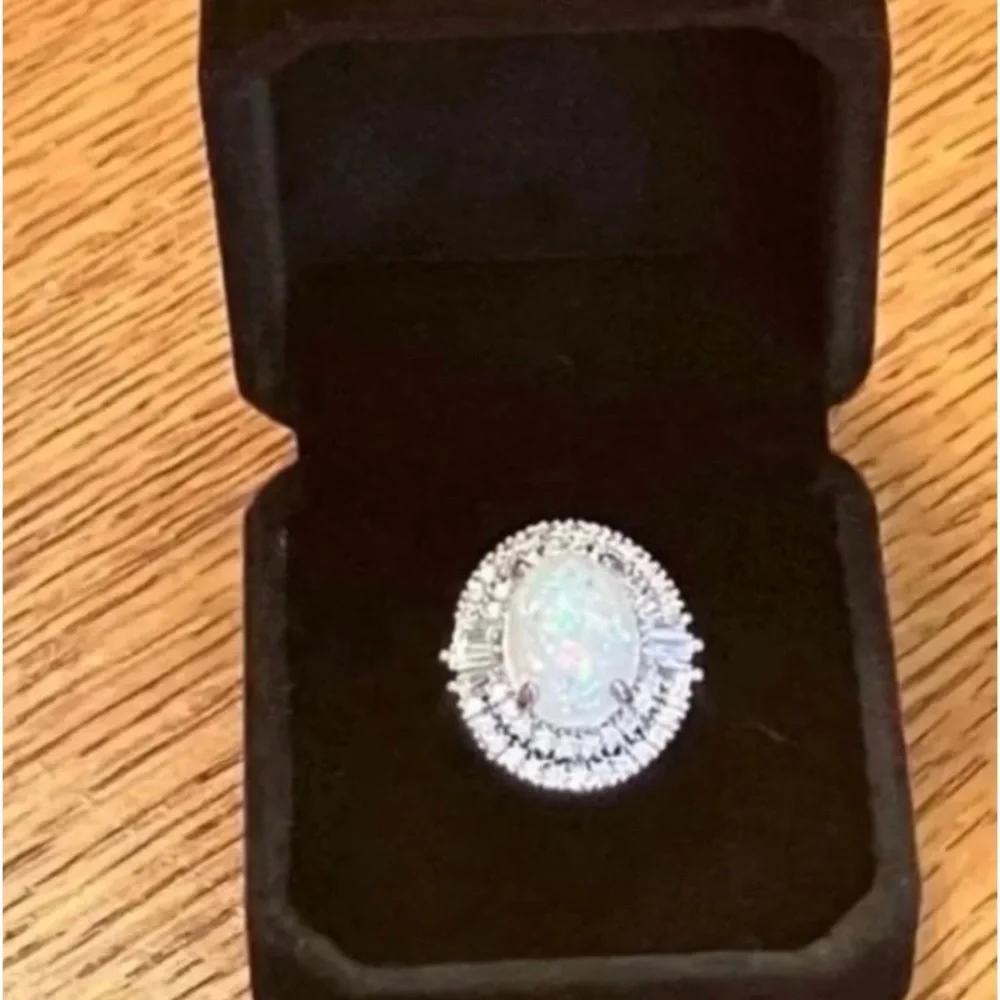 14K White Gold Ring Opal 5CT Halo Diamond Oval Baguette Wedding Engagement - Picture 11 of 11